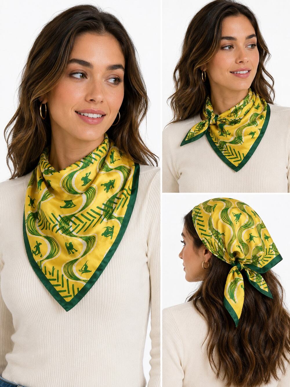 Vintage Style Ski Scarf Yellow Green Novelty Print Skiers Winter Square 20x21